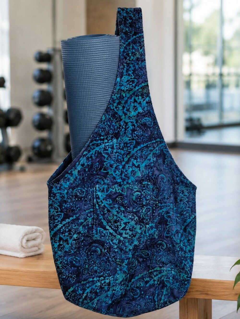 Boho Blue Paisley Yoga Mat Bag Sling Gym Fitness Carrier Tote Reversible